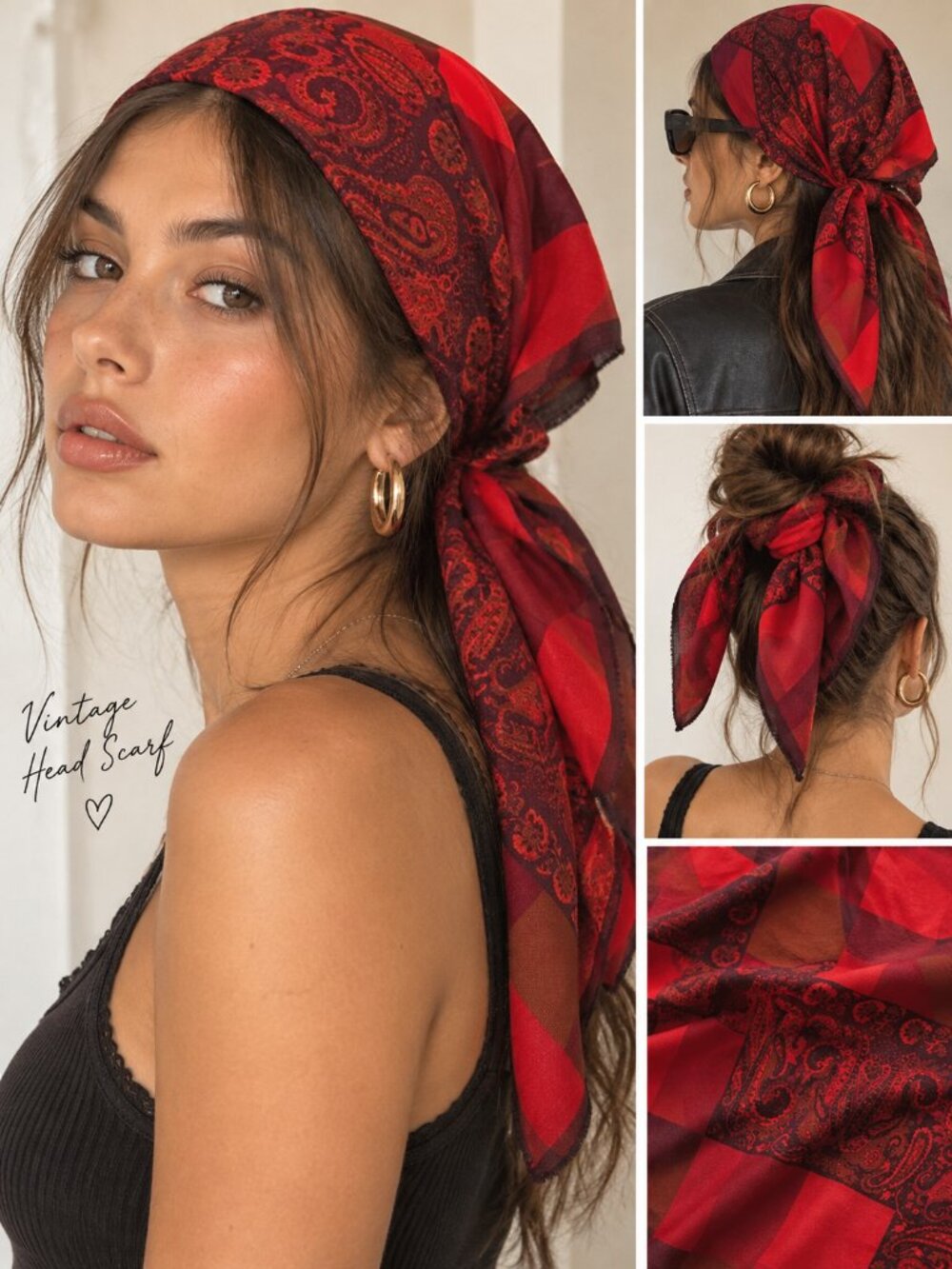 ❤️VTG 70's Women’s Red Purple Paisley Boho Retro Fringe Head Wrap Scarf Bandanna